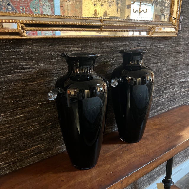Ebony Vintage Hand-Blown Glass Vase in Ebony With Clear Handles- a Pair For Sale - Image 8 of 12