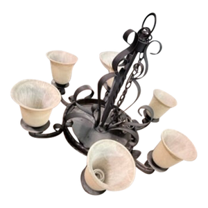 1990s Wrought Iron 6-Arm Chandelier – Frosted Glass Bell Shades