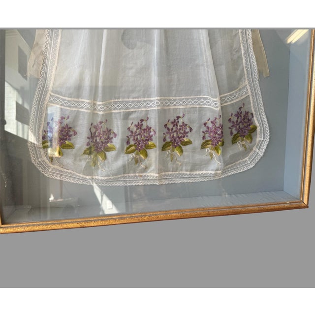 Vintage Hand Embroidered Lilac Apron Shadow Box Framed Cottage Wall Decor For Sale - Image 4 of 6