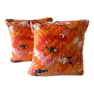 Pair of Bright Vintage Fabric Pillows With Psychedelic Floral Design For Sale