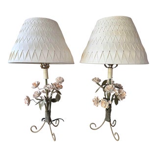 Pair Vintage French Tole Table Lamps With Handmade Shades For Sale