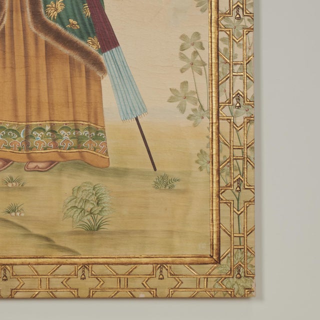 Large Oriental Style Painting of Figures in a Garden For Sale - Image 10 of 12