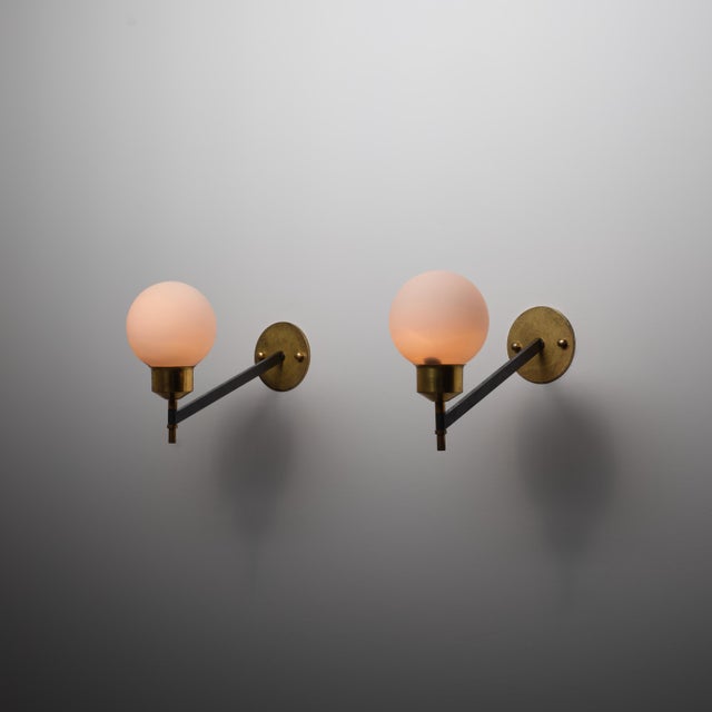 Metal Italian Wall Sconces in Brass, Black Steel and Opaline Glass, 1950s, Set of 2 For Sale - Image 7 of 10