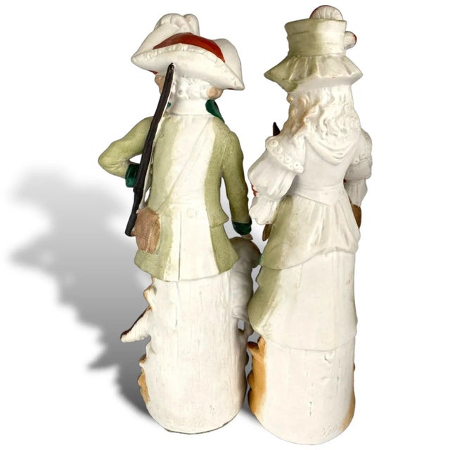 Green 1910s Reichmannsdorf Germany Porcelain Man Dog Woman and Fawn Figurines #3507 - A Pair For Sale - Image 8 of 8
