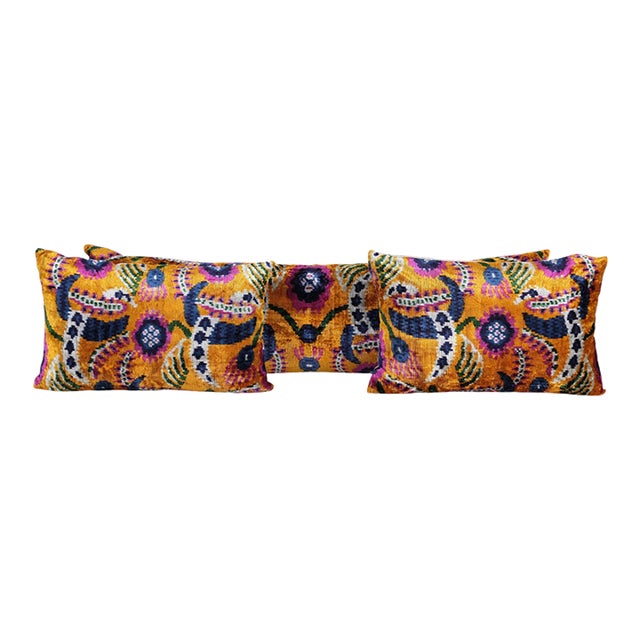 Silk and Velvet Ikat Lumbar Pillow Cover - Set of Three For Sale