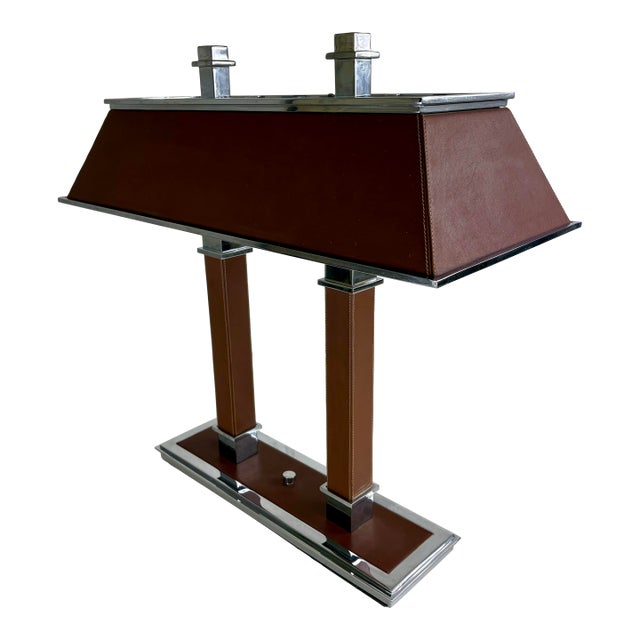 Vintage Ralph Lauren Leather and Nickel Bankers Style Desk Lamp For Sale