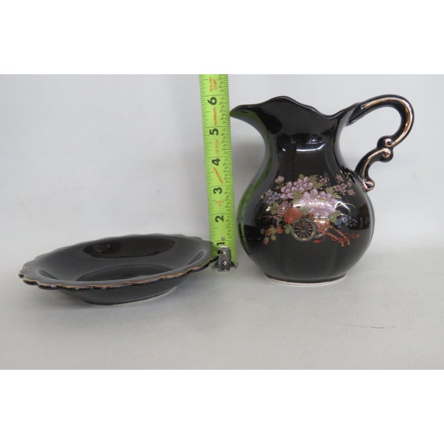 Ceramic Pitcher With Matching Underplate 2pc Set Black With Gold Gilt Trim 5029b For Sale - Image 11 of 12