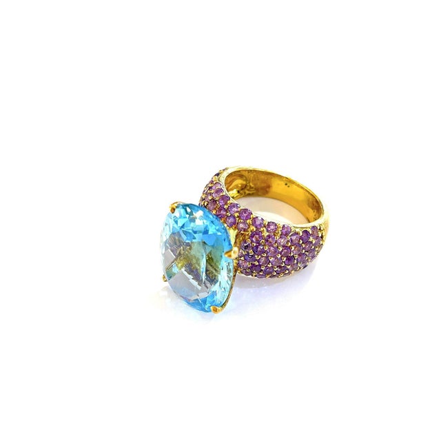 Art Deco Bochic "Orient" Vintage Blue Topaz & Pink Sapphire Cocktail Ring 18K Gold & Silver, Size 7 For Sale - Image 3 of 18