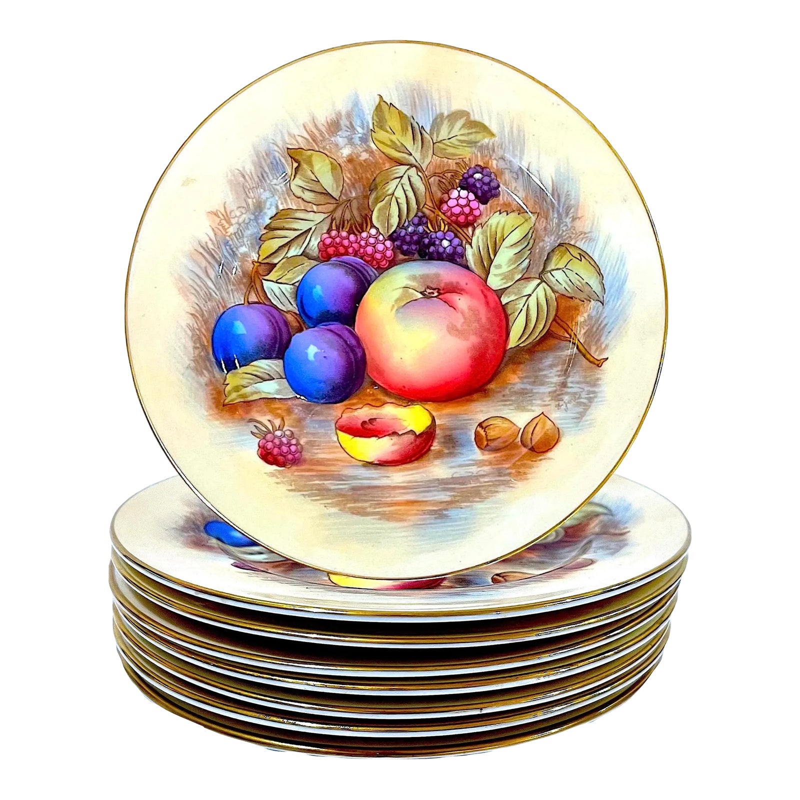 Aynsley Orchard Fruit Gold Appetizer Plates - Hand-Painted