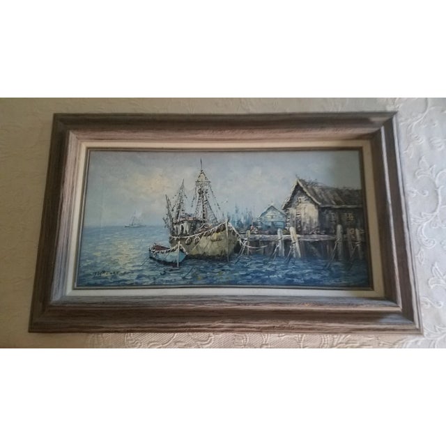 Wood Seascape Oil on Canvas Painting With Distressed Barn Wood Frame Signed by Florence For Sale - Image 7 of 7