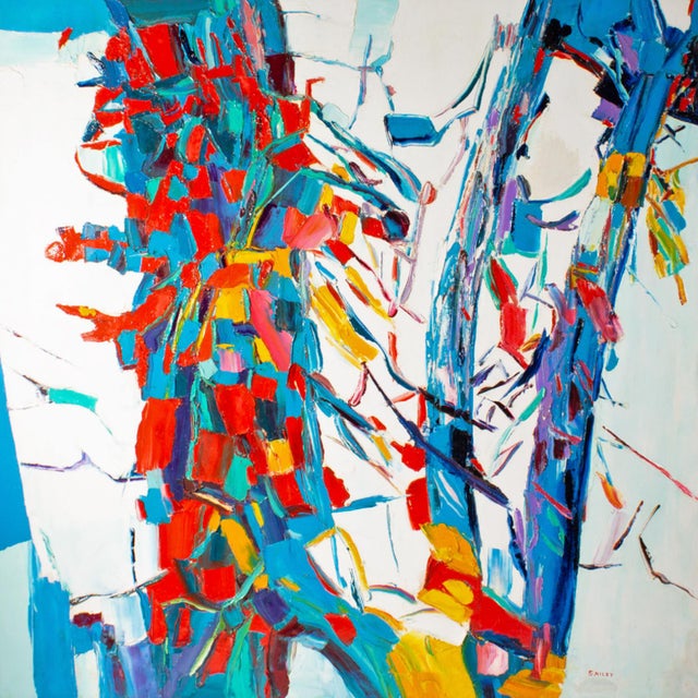 An abstract oil on canvas painting by Canadian-American artist Sidney Smiley (1912-2002). This painting features an...