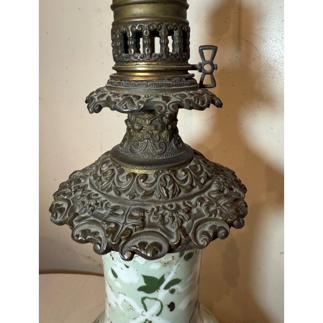 Huge 1800s Antique Ornate French Hand Painted Porcelain Bronze Kerosine Oil Lamp For Sale - Image 16 of 18
