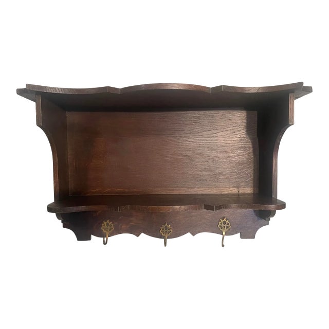 Wooden Hanging Wall Shelf With 3 Brass Hooks For Sale