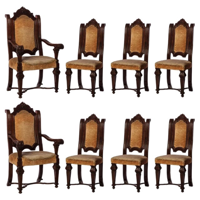 Italian Renaissance Revival Chairs and Armchairs, Set of 8 For Sale