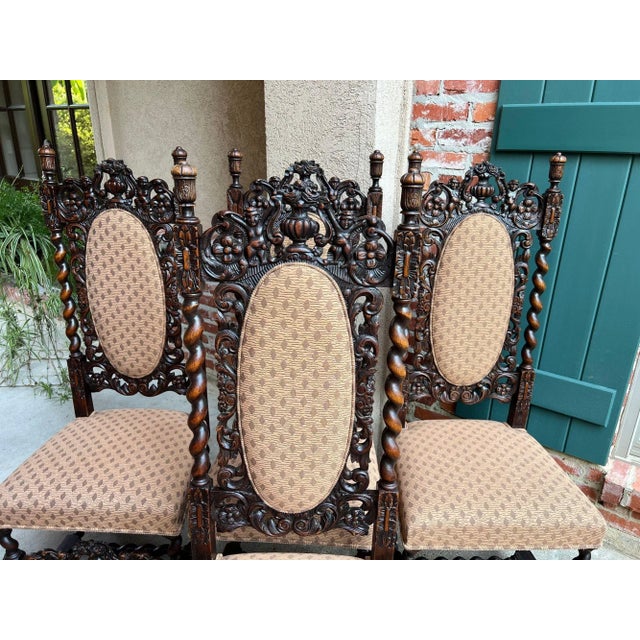 Wood Set 4 Tall Antique French Dining Chairs Barley Twist Renaissance Carved Oak 1890 For Sale - Image 7 of 18