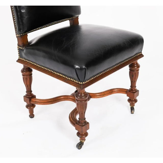 Antique French Walnut and Black Leather Dining Chairs, 19th Century, Set 12 For Sale - Image 5 of 13