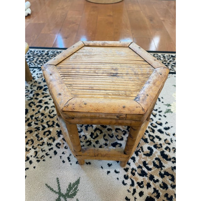 Chinoiserie Vintage Tortoise Rattan Hexagonal Plant Stand/Table Riser For Sale - Image 3 of 5