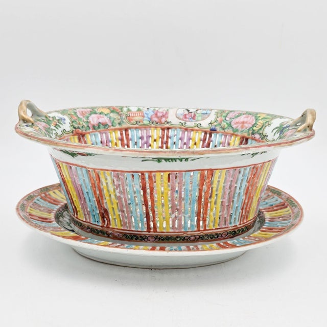 A rare Chinese export porcelain chestnut basket with under plate. Decorated in the Rose Medallion pattern with unusual...