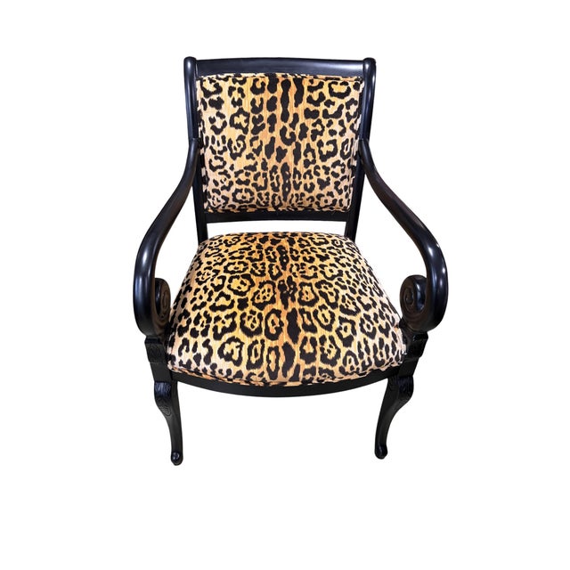 1960s Elegant Vintage French Style Black Lacquer Wood Armchair W/Animal Print For Sale - Image 5 of 9