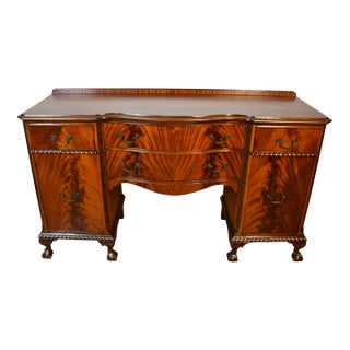 1930s Antique Mahogany Sideboard Server With Bookmatched Veneer and Claw Feet For Sale