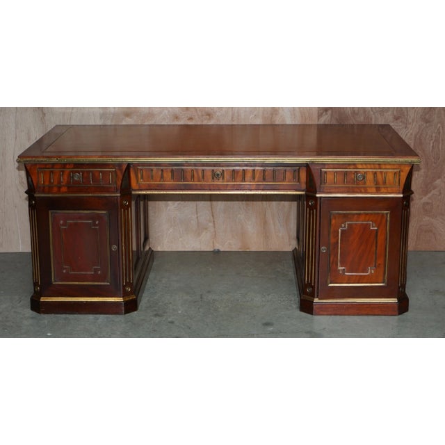 Restored 19th Century Antique Russian Mahogany & Gilt Metal Partner Desk With Leather Armchair For Sale - Image 4 of 12