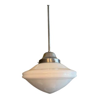 1920s Art Deco Milkglass on Hanging Rod Pendant Sloped Ceiling Light For Sale