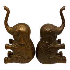 Vintage 1960s Cast Brass Elephant Sculpture Book Ends Paper Weights - a Pair