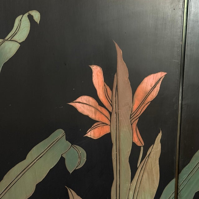Art Deco Monumental Antique Chinese Double-Sided Black Lacquer Six-Panel Screen For Sale - Image 3 of 8
