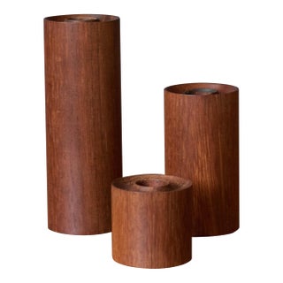 Set of Three Sculptural Teak Mid Century Modern Candlestick Holders For Sale