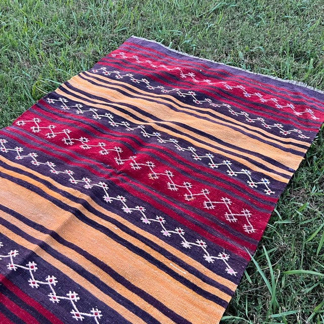 Vintage Striped Embroidered Wool Flatweave Kilim Rug For Sale In Houston - Image 6 of 6