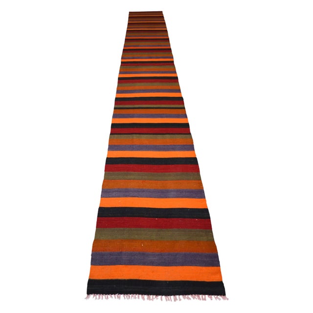 Orange 1970s Flat Weave Runner Rug Turkish Kilim Stair Tread - 2′4″ × 18′10″ For Sale - Image 8 of 16