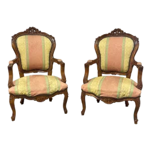 Pair of Louis XV Style Carved & Upholstered Armchairs