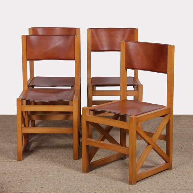 Wood Vintage Chairs in Wood and Leather, 1980s, Set of 4 For Sale - Image 7 of 7