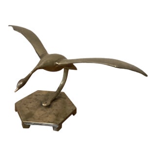 Vintage Solid Brass Bird in Flight With Brass Base Large Sculpture Circa 1960s For Sale