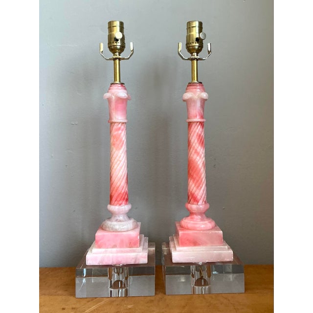 Mid 20th Century Vintage Pink Marble Carved Column Lamps - A Pair For Sale - Image 5 of 12