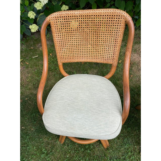Brown Caned Rattan Bentwood Swivel Chairs and Table Set of 5- Circa 1970s For Sale - Image 8 of 15