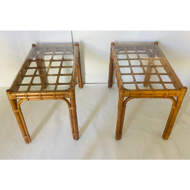 Elegant Pair of 1950 Mid Century Modern Bamboo Side Tables W Glass Pair For Sale In Miami - Image 6 of 7