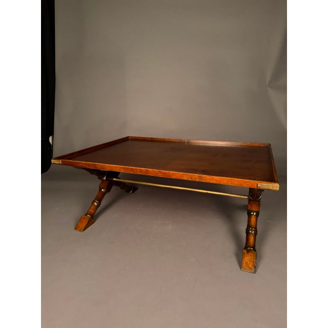Vintage Campaign Style Mahogany Coffee Table With Removable Leather-Lined Trays & Brass Accents, Circa 1980 For Sale - Image 11 of 13