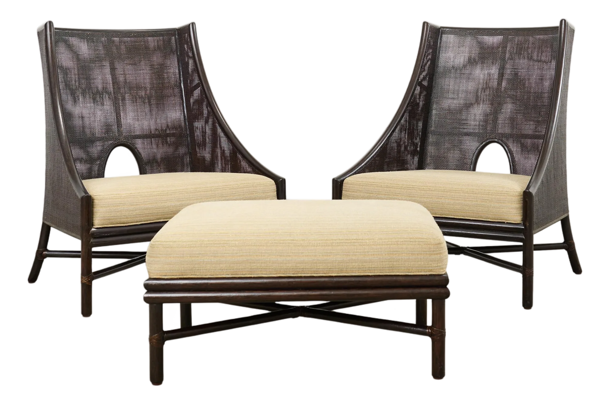 Pair of Barbara Barry for McGuire Caned Lounge Chairs and Ottoman