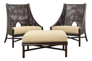 Pair of Barbara Barry for McGuire Caned Lounge Chairs and Ottoman