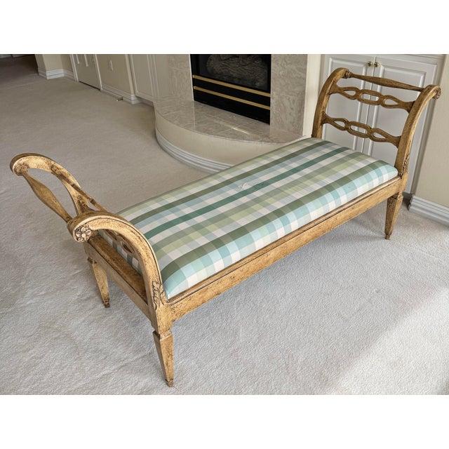 Minton-Spidell 1950s Minton-Spidell French Provincial Gilded Scroll Arm Upholstered Window Bench – Green Plaid For Sale - Image 4 of 6