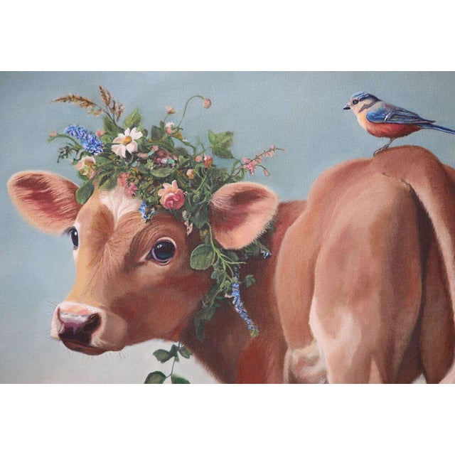 Figurative Ivy (Floriferous CowCalf) by Carrie Goller | Oil on canvas Cow with flowers and a bird on its back For Sale - Image 3 of 4