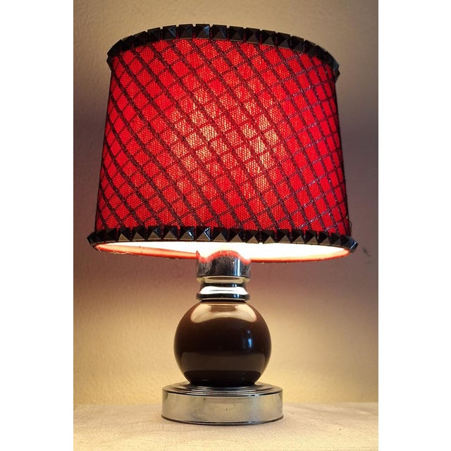 1970s Vintage Table Lamp with Chrome-Plated Metal Base, Brown Ceramic Elements, and Fabric Shade, 1970s For Sale - Image 5 of 8