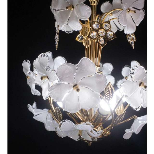 1970s Vintage Murano Style Crystal Glass Chandelier White Flowers, 1970s For Sale - Image 5 of 12