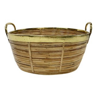 Mid Century Gabriella Crespi Style Coiled Rattan Basket With Brass Trim For Sale