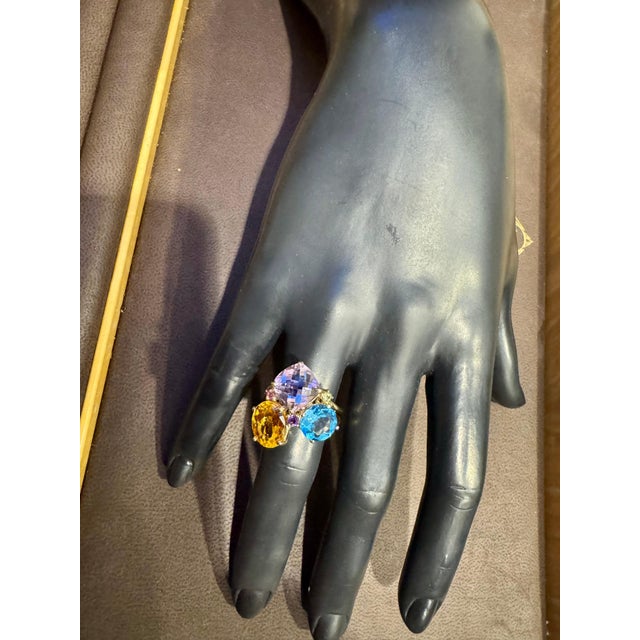 Blue Topaz, Citrine, Pink Amethyst Cocktail Ring 14 Karat Yellow Gold Estate S7 For Sale - Image 9 of 18