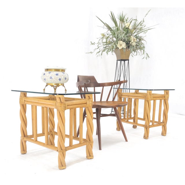 Mid 20th Century Pair Decorative Twisted Rattan Rectangle End Side Tables Stand Rounded Glass Top For Sale - Image 5 of 12