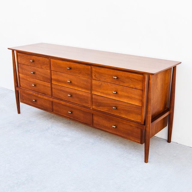 Wood Restored 1950s Mount Airy Walnut & Brass Sculptural Mid Century Lowboy Dresser, Attributed For Sale - Image 7 of 12