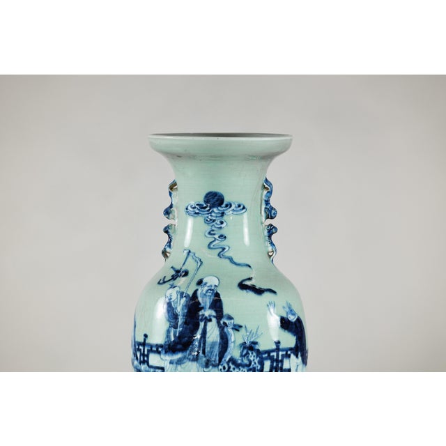 Antique White Chinese Blue and White Porcelain Altar Vase With Immortal Figures and Celadon Tint For Sale - Image 8 of 18
