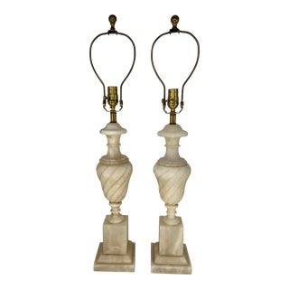 Pair of Tall Antique Italian Carved Alabaster Baluster Lamps For Sale